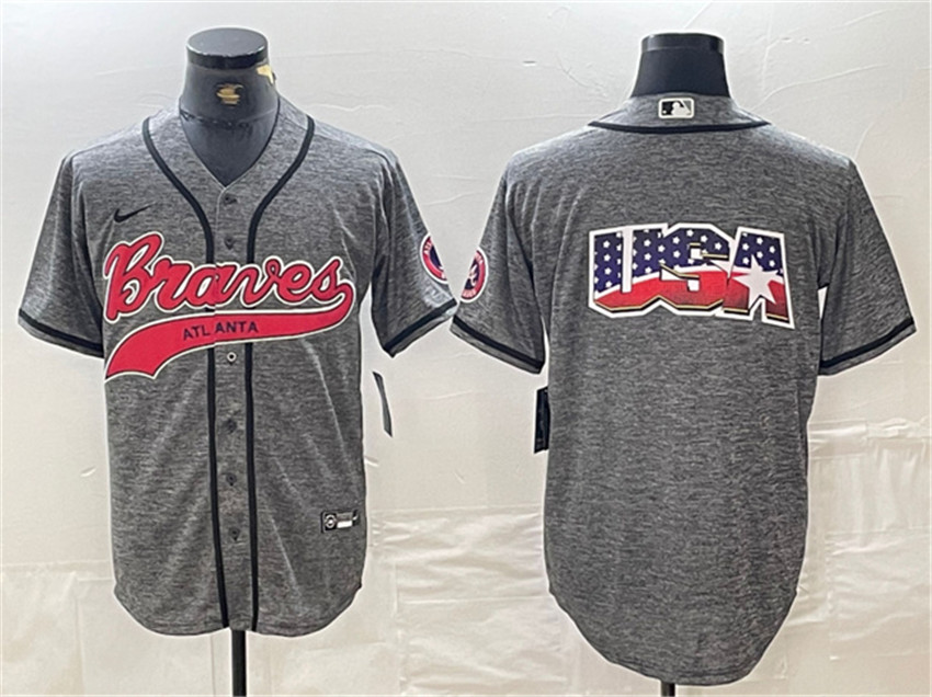 Men's Gray Atlanta Braves Team Big Logo Cool Base With Patch Stitched Baseball Jersey